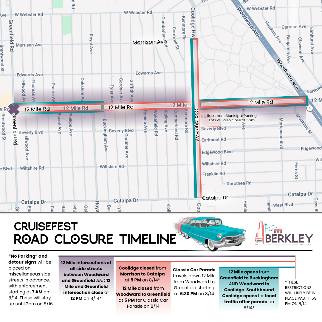 Cruisefest Road Closure Timeline: “No Parking” and detour signs will be placed on miscellaneous side streets in advance, with enforcement starting at 7 AM on 8/14. These will stay up until 2pm on 8/16. 12 Mile intersections of all side streets between Woodward and Greenfield closed at 12 PM on 8/14* Coolidge closed from Morrison to Catalpa at 5 PM on 8/14* 12 Mile closed from Woodward to Greenfield at 5 PM for Classic Car Parade on 8/14 Classic Car Parade travels down 12 Mile from Woodward to Greenfield starting at 6:30 PM on 8/14 12 Mile open from Greenfield to Buckingham for local traffic only after parade on 8/14* *Many of THESE RESTRICTIONS WILL LIKELY BE IN PLACE PAST 11:59 PM ON 8/14